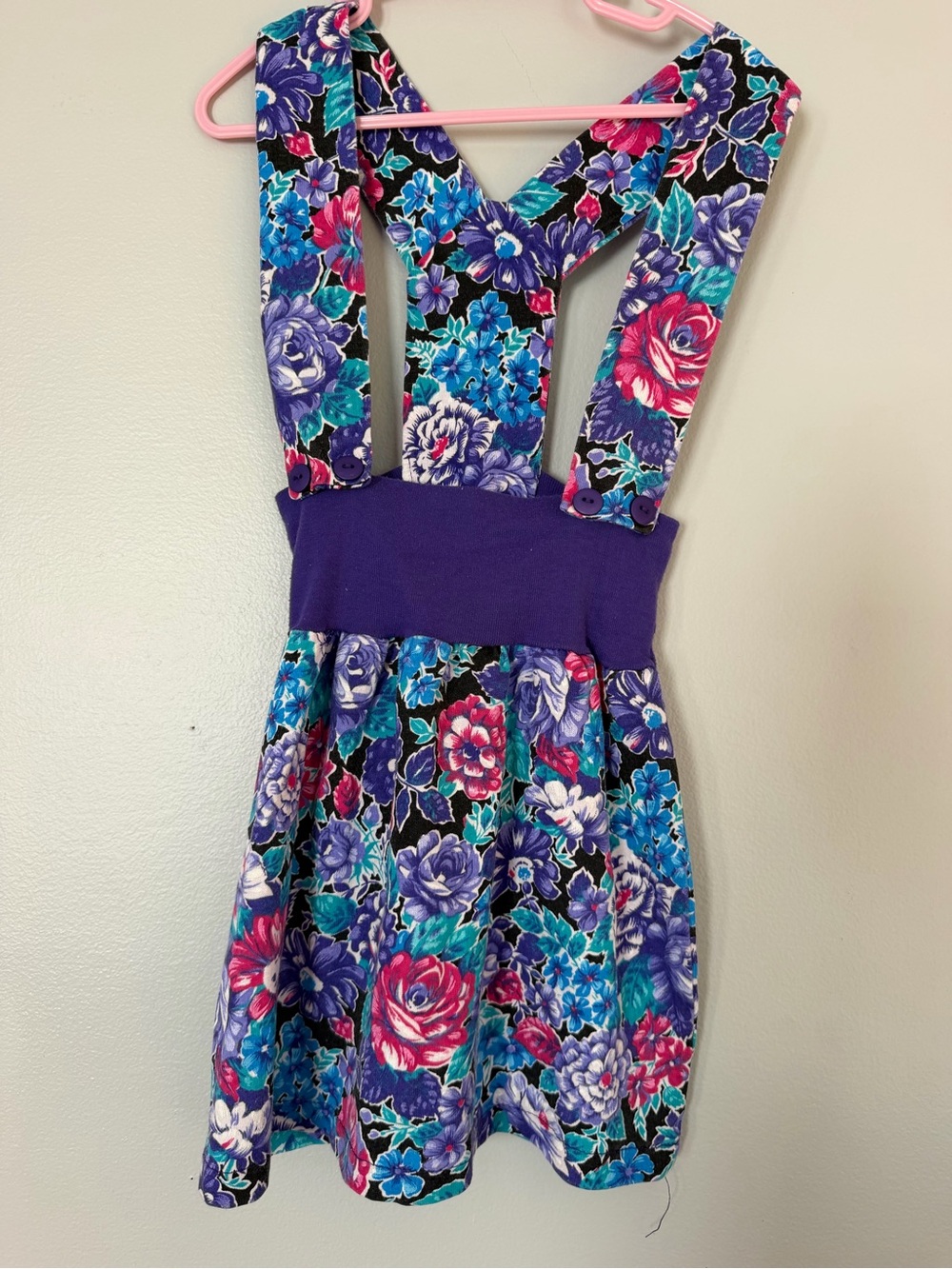 Vintage 80s Girls Floral Suspender Dress in Purple and Blue